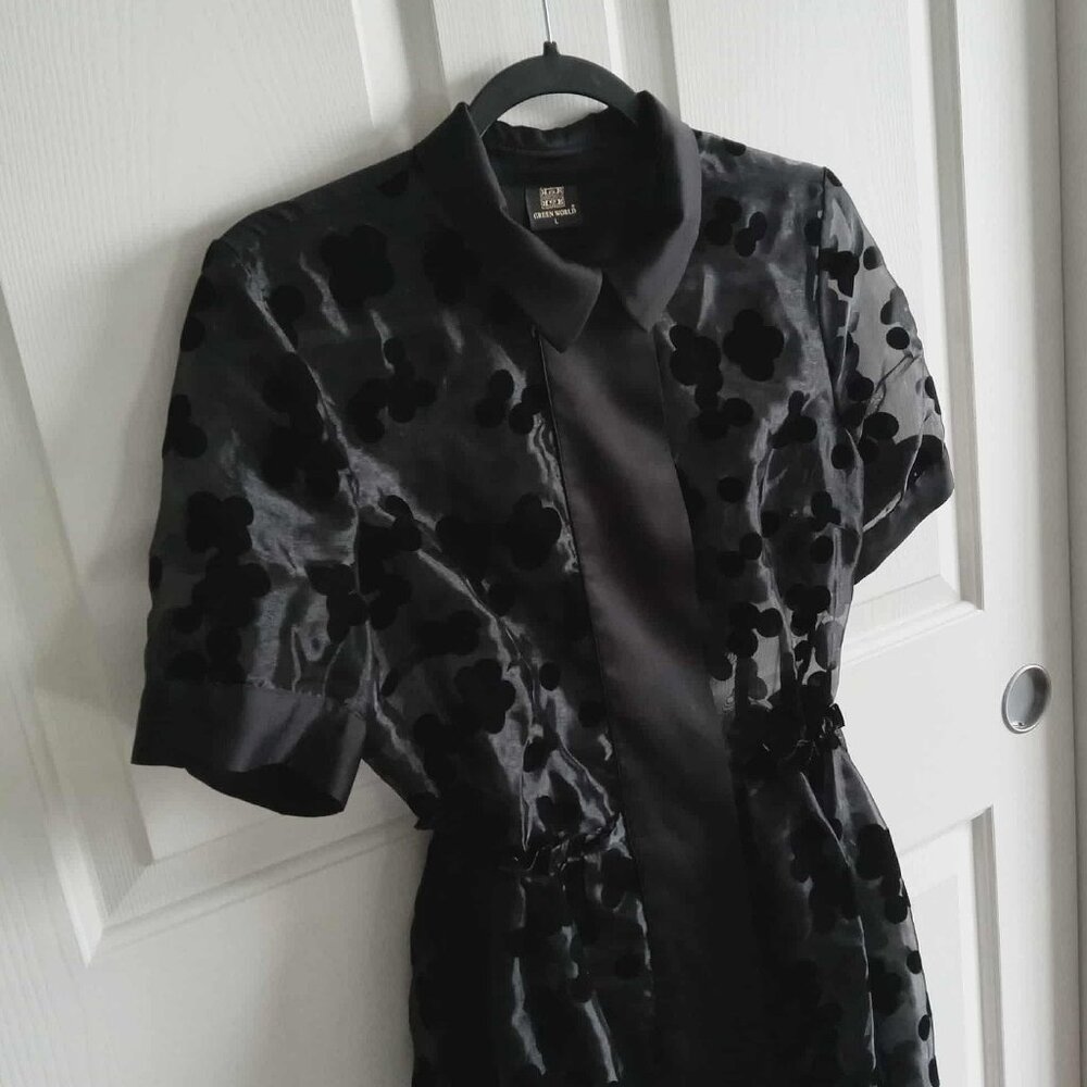 Shirt Collared Sheer Dress with Velvet Blossom Pattern - Picture 7 of 9